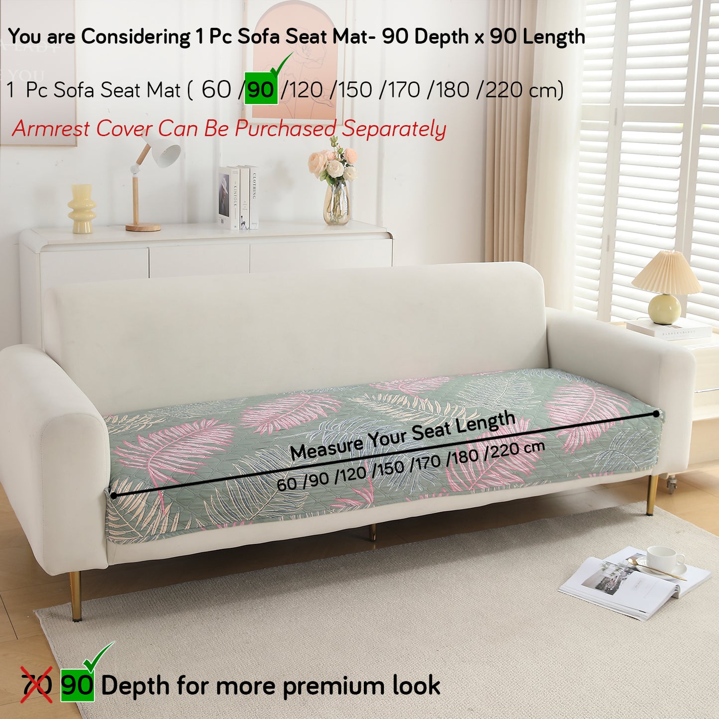 Polyester Printed Quilted Sofa Cover Mats, Tropical Leaves Pastel Green