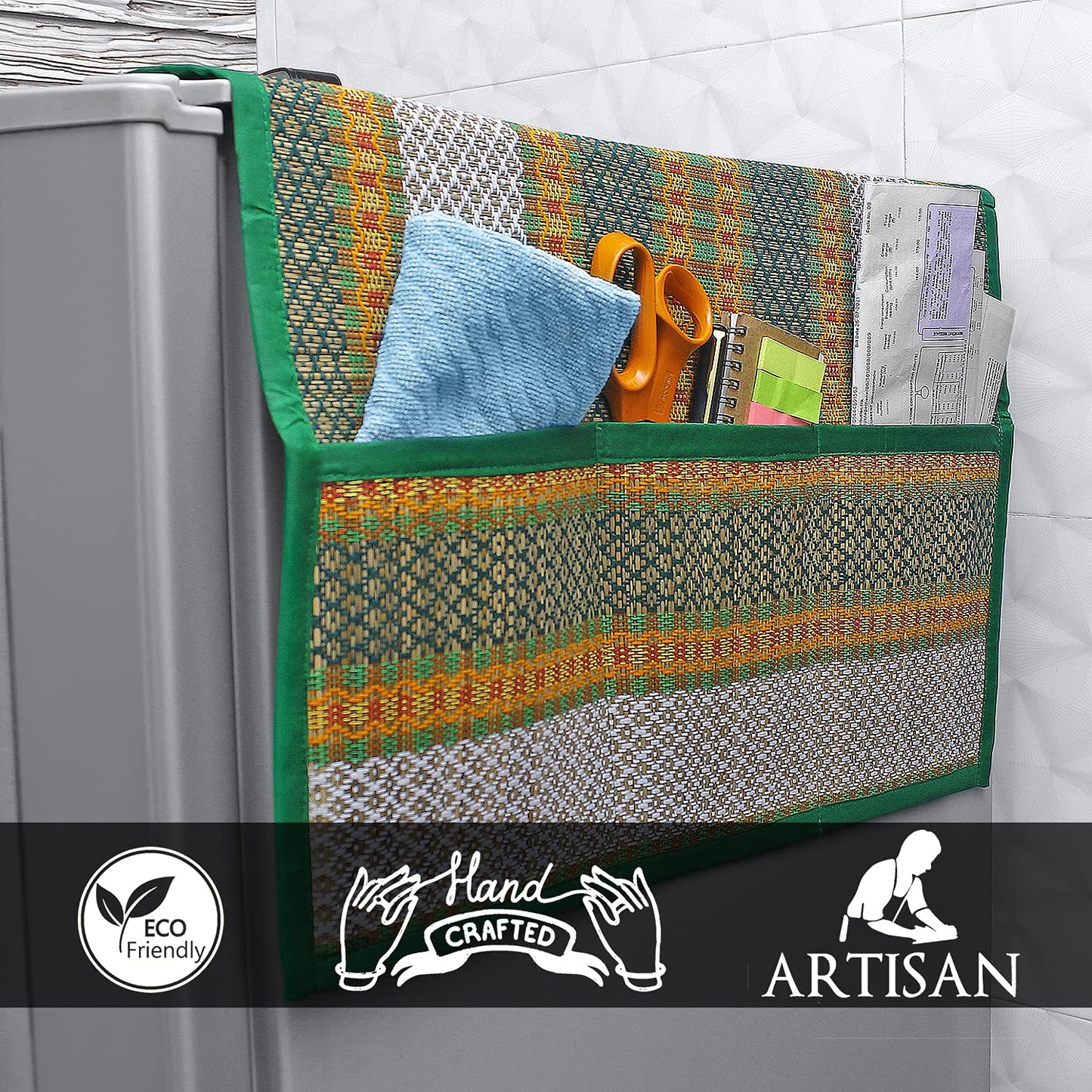 Eco-Friendly Handcrafted Madurkathi Fridge Cover Top with Pockets, Green