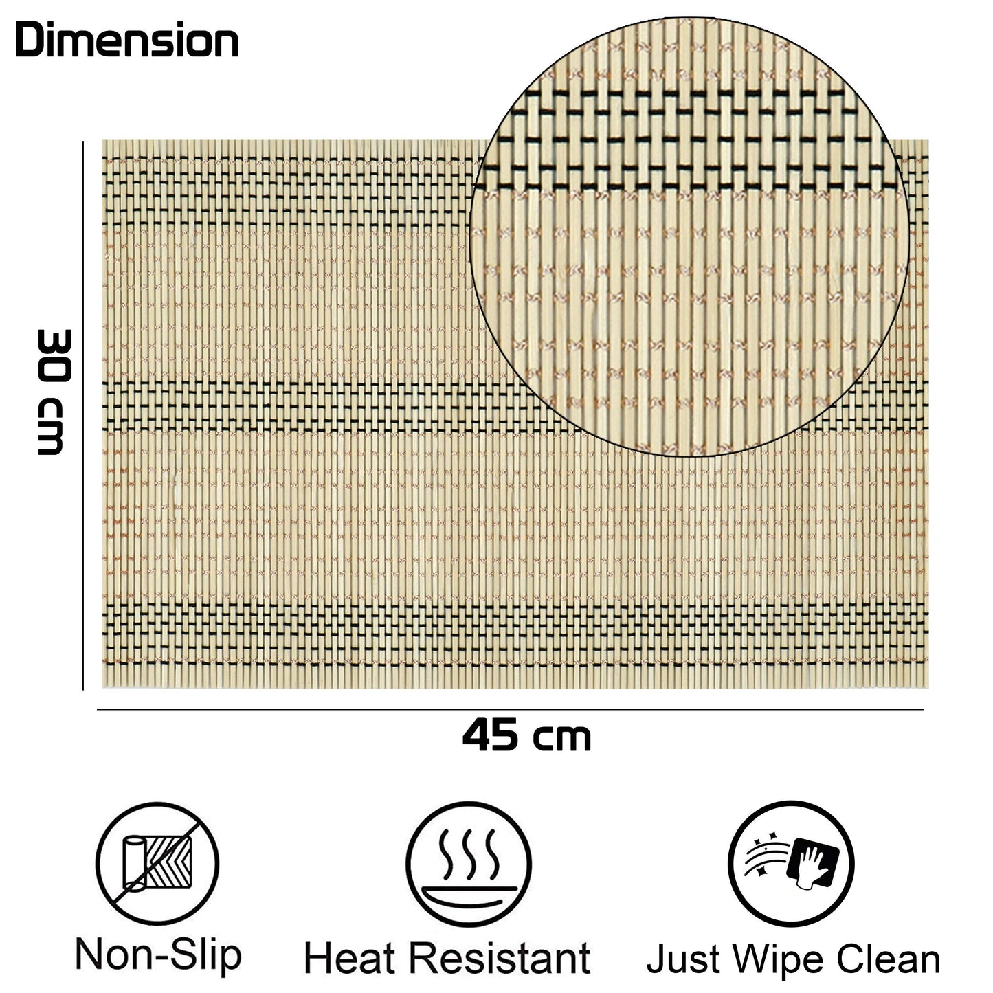 Reversible Bamboo Placemats Set Of 4 Table Mats, 45X30 Cm, Beige