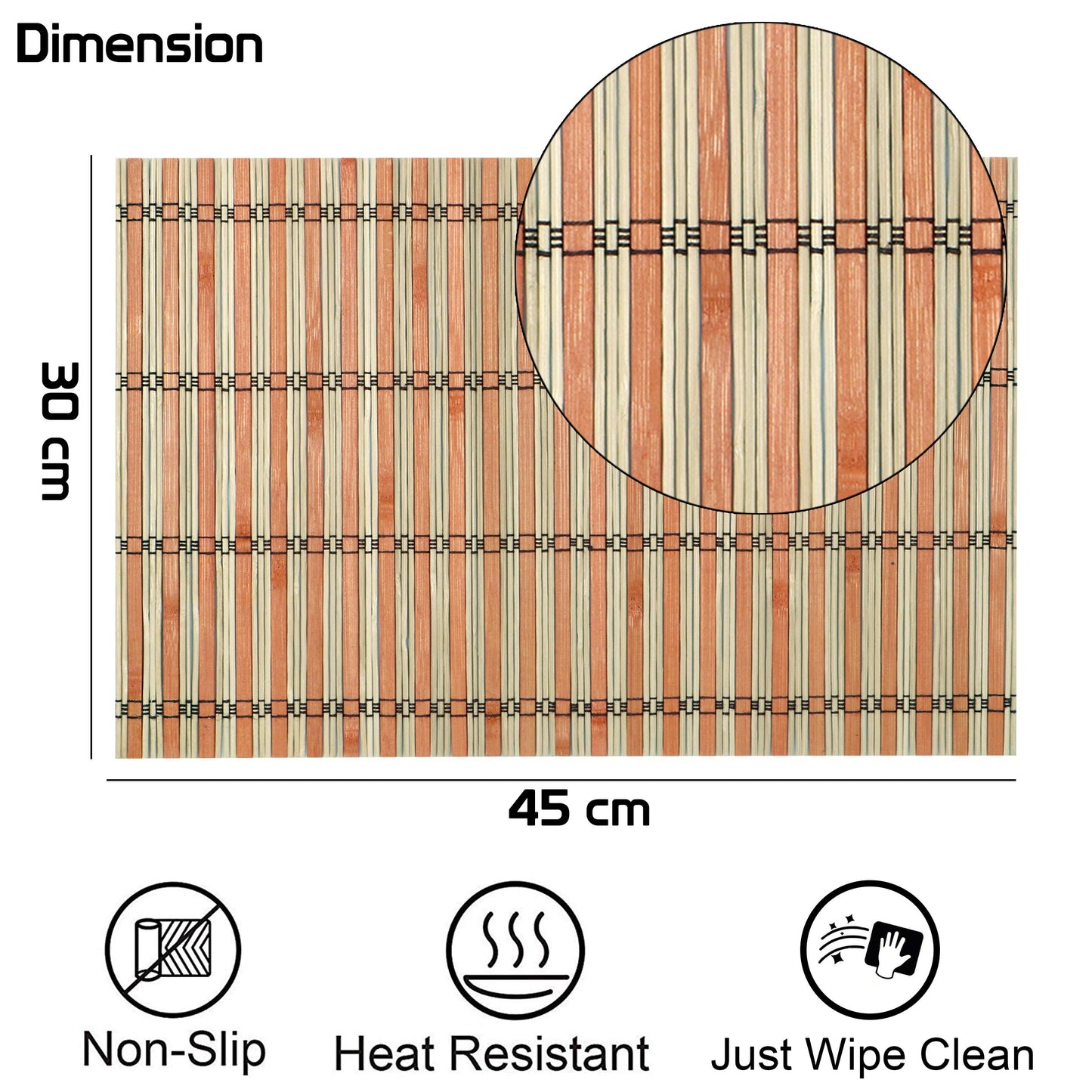 Reversible Bamboo Placemats for Dining Table Set of 4 Table Mats, 45 x 30 cm,
