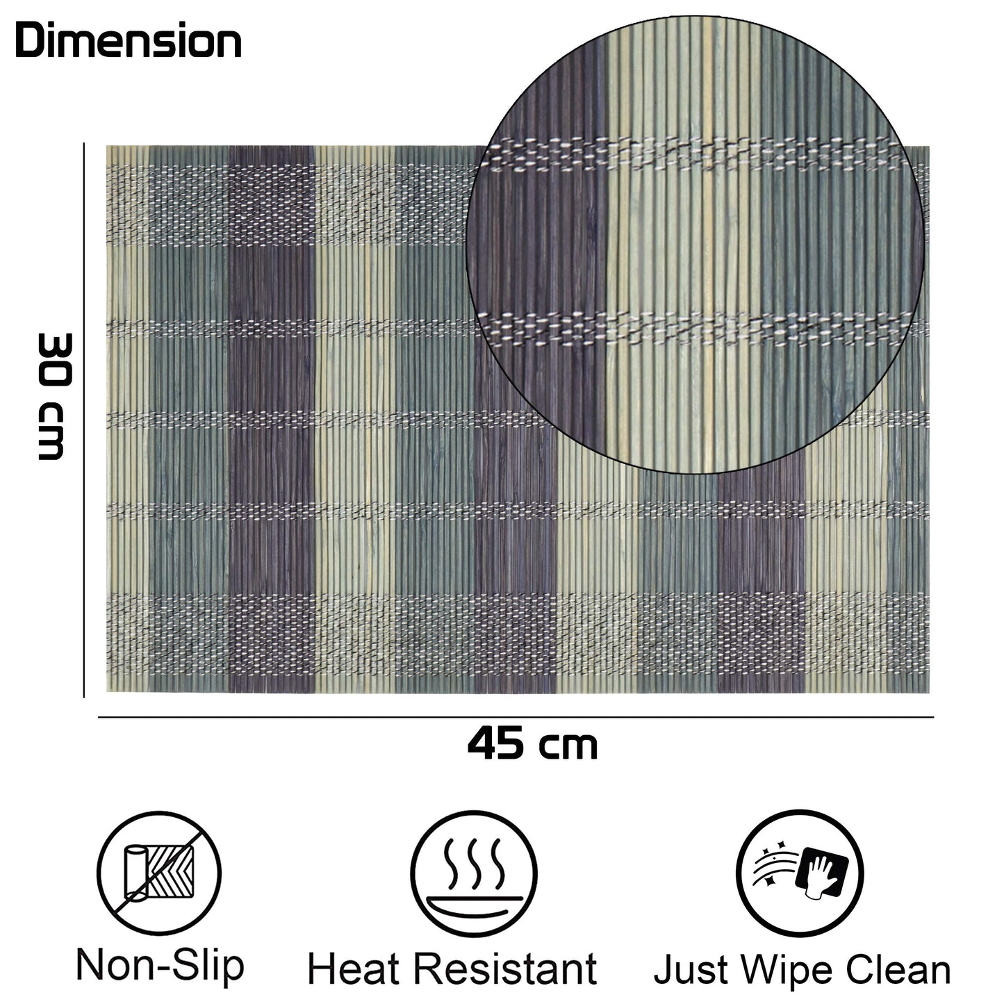 Heat Resistant Bamboo Placemats Set of 6 Dining Table Mats, 45x30 cm, Bean Blue