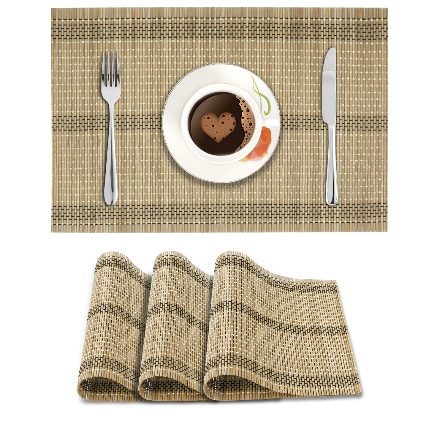 Reversible Bamboo Table Mats for Dining Table, Set of 4 Placemats, 45x30 cm, Hazel Wood