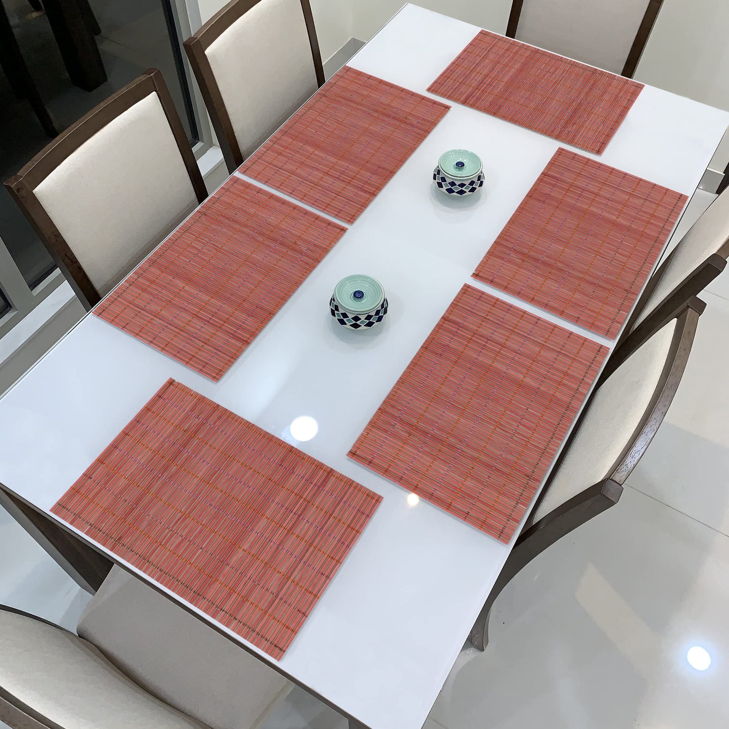 Reversible Bamboo Placemats for Dining Table Set of 6 Table Mats, 45x30 cm, Blush Red