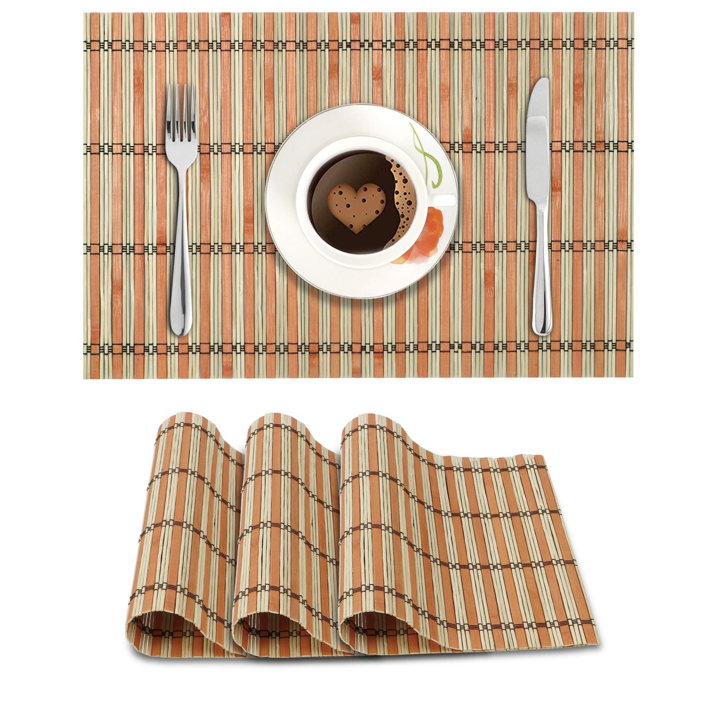 Reversible Bamboo Placemats for Dining Table Set of 4 Table Mats, 45 x 30 cm,