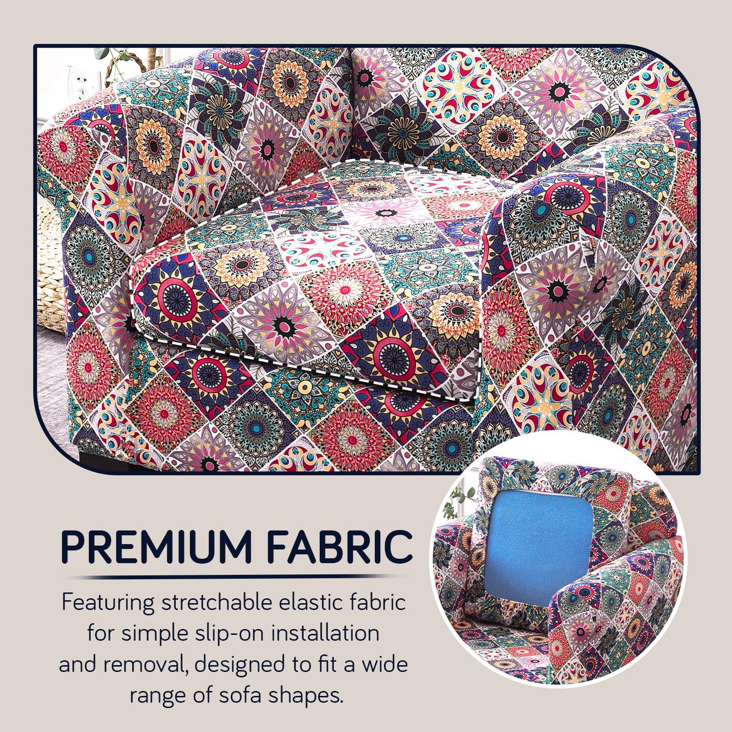 Printed Stretchable Sofa Slipcover with 1/2/3 Pc Separate Seat Cushion Cover for each 1/2/3 Seater, Spectrum Mosaic Magic