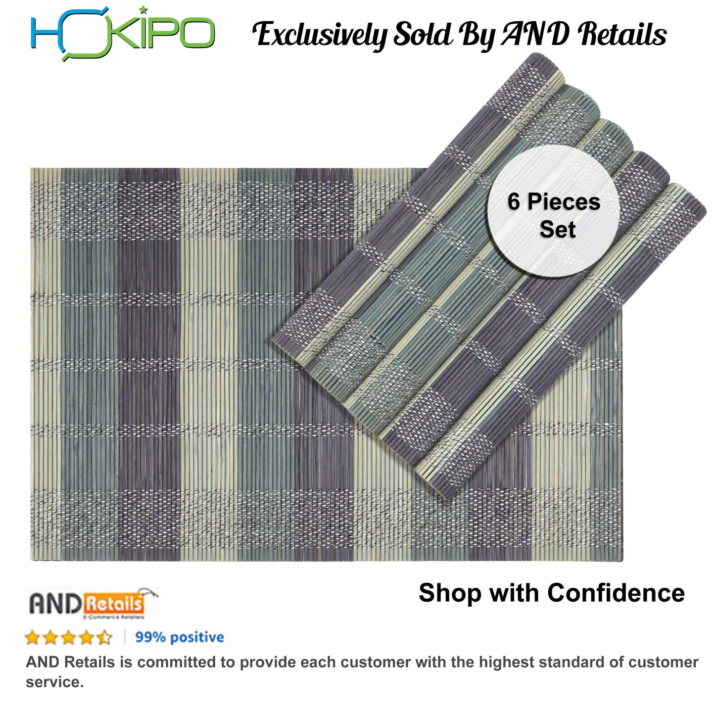 Heat Resistant Bamboo Placemats Set of 6 Dining Table Mats, 45x30 cm, Bean Blue