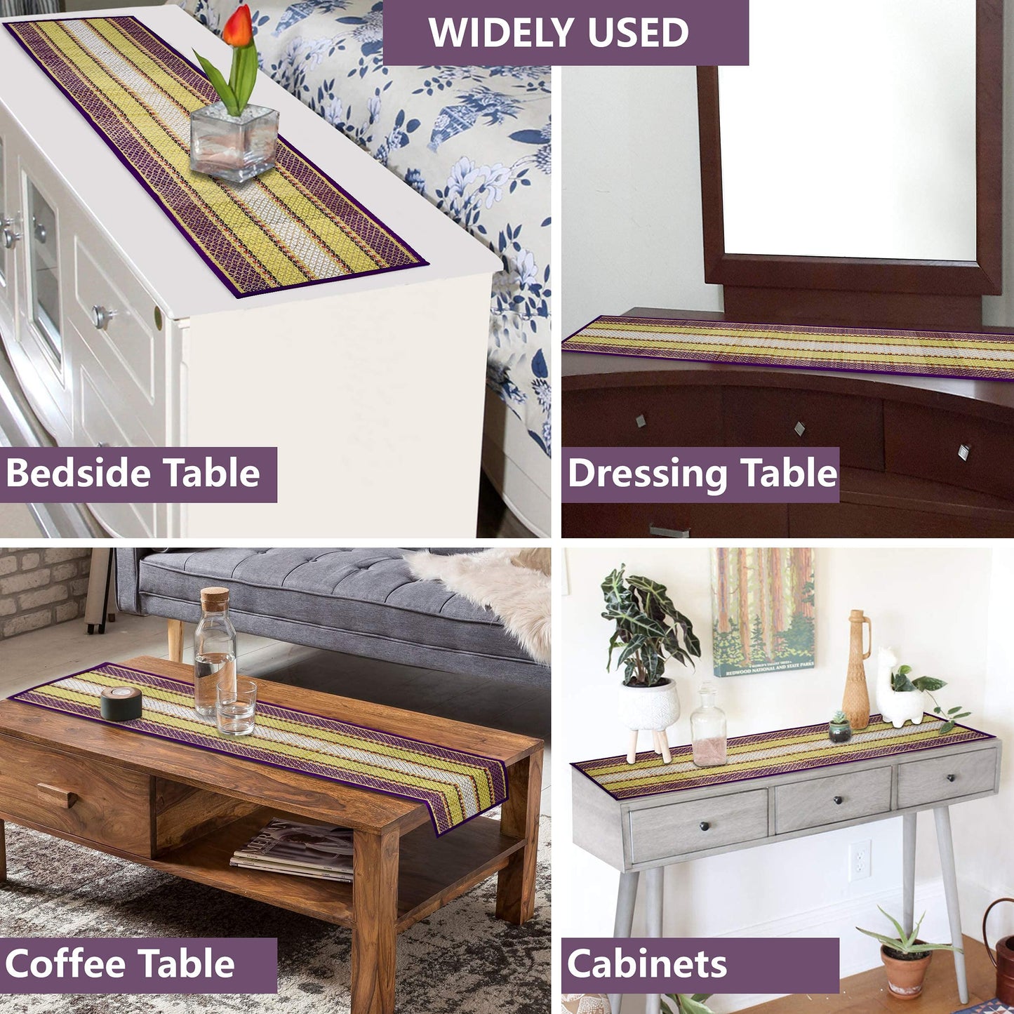 Natural Handmade Madurkathi Table Runner for Dining Table, Centre Table, Coffee Table, Teapoy, Purple