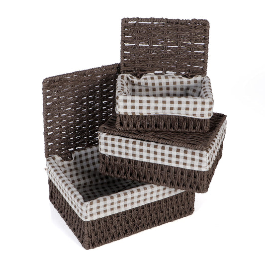 Environmental Friendly Paper Rope Wicker Storage Baskets with lid, Set of 3, Brown