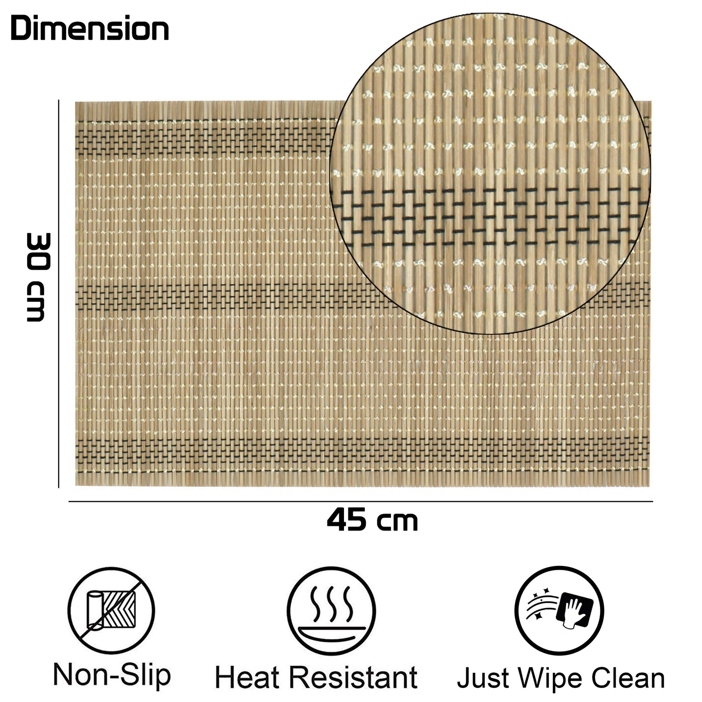 Reversible Bamboo Table Mats for Dining Table, Set of 4 Placemats, 45x30 cm, Hazel Wood