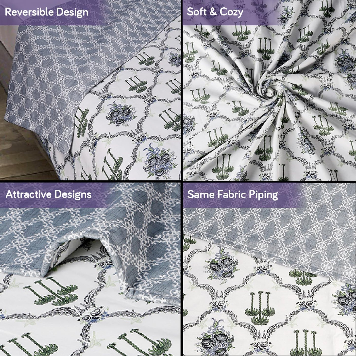 Reversible Cotton Dohar AC Blanket, Oxford Grey Palm Tree