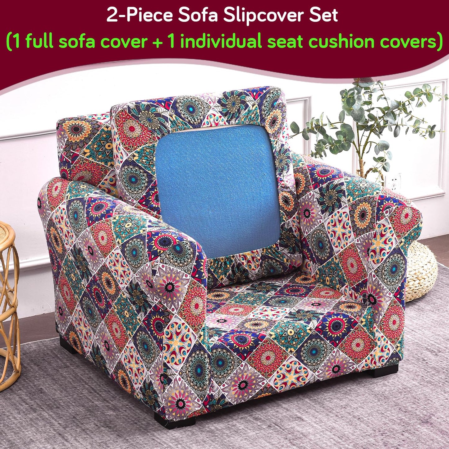 Printed Stretchable Sofa Slipcover with 1/2/3 Pc Separate Seat Cushion Cover for each 1/2/3 Seater, Spectrum Mosaic Magic