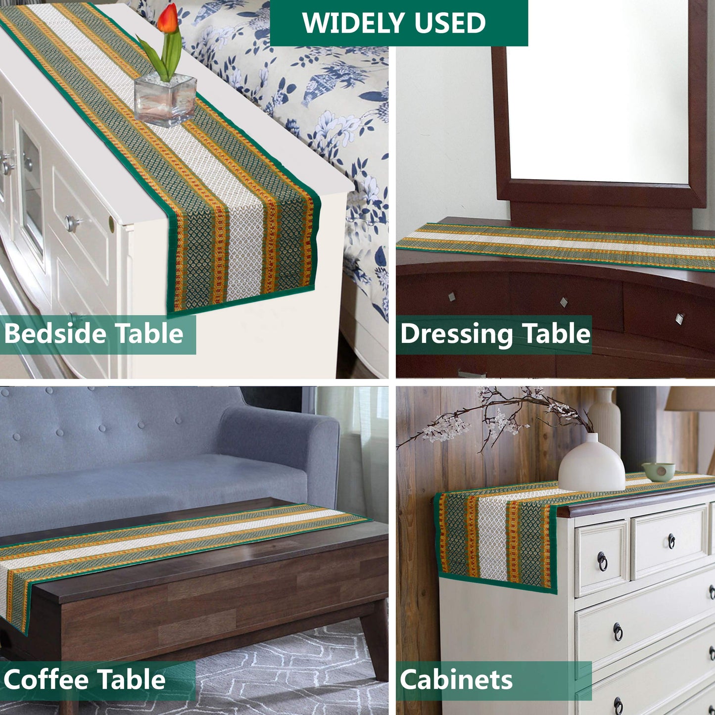 Natural Handmade Madurkathi Table Runner for Dining Table, Centre Table, Coffee Table, Teapoy, Green