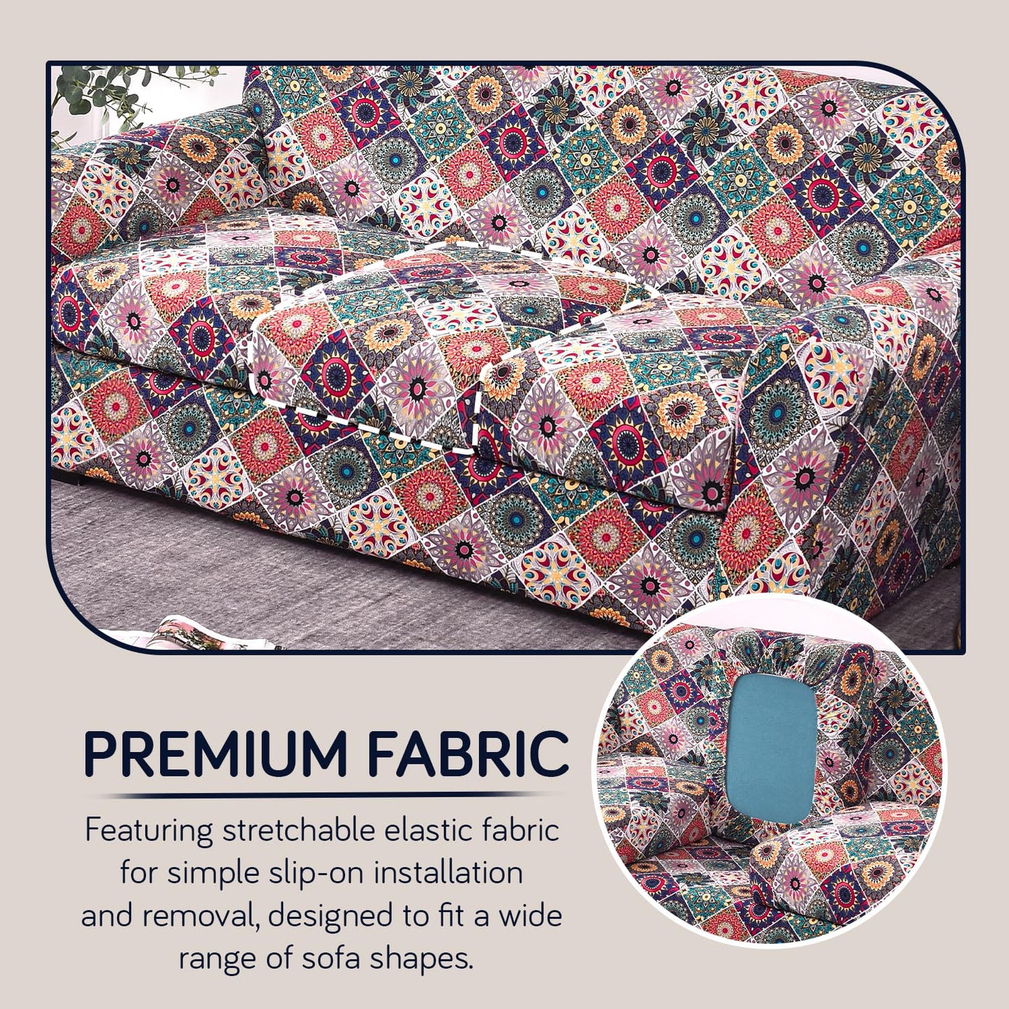 Printed Stretchable Sofa Slipcover with 1/2/3 Pc Separate Seat Cushion Cover for each 1/2/3 Seater, Spectrum Mosaic Magic