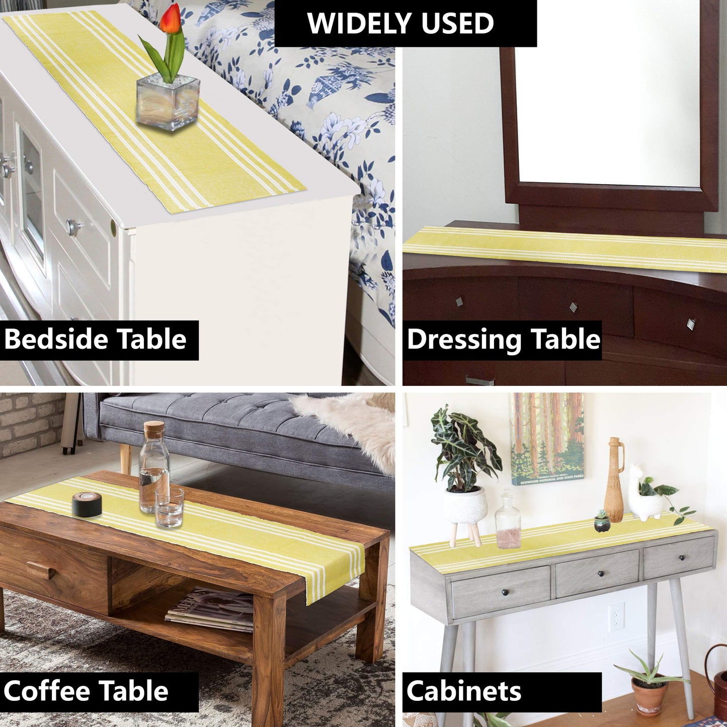 Cotton Ribbed Washable Table Runner for Dining Table 4 Seater, 12x54 Inches, Yellow