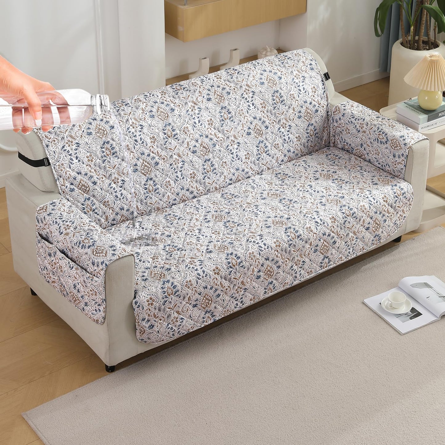 Quilted Waterproof Sofa Cover Mat with Pockets on Armrest Cover -Damask White