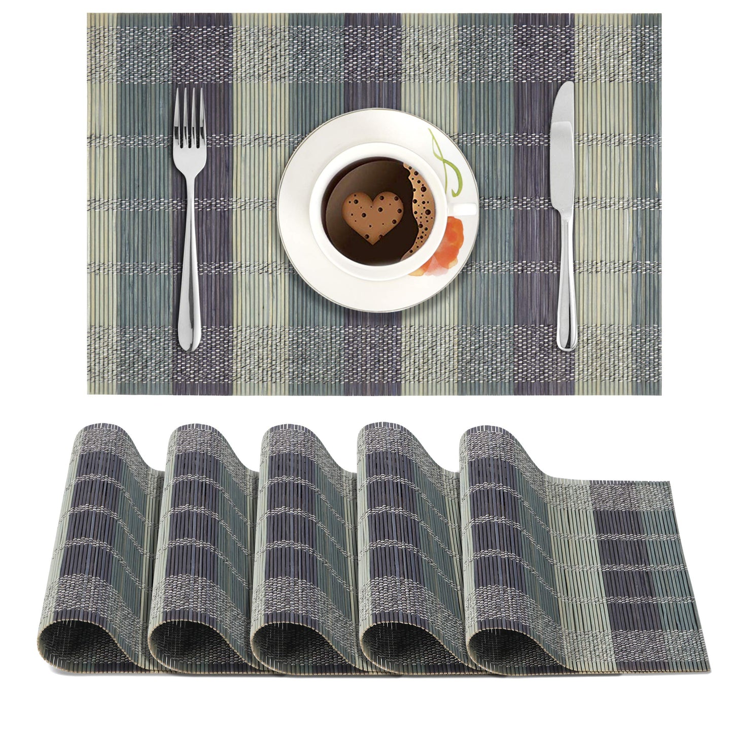 Heat Resistant Bamboo Placemats Set of 6 Dining Table Mats, 45x30 cm, Bean Blue