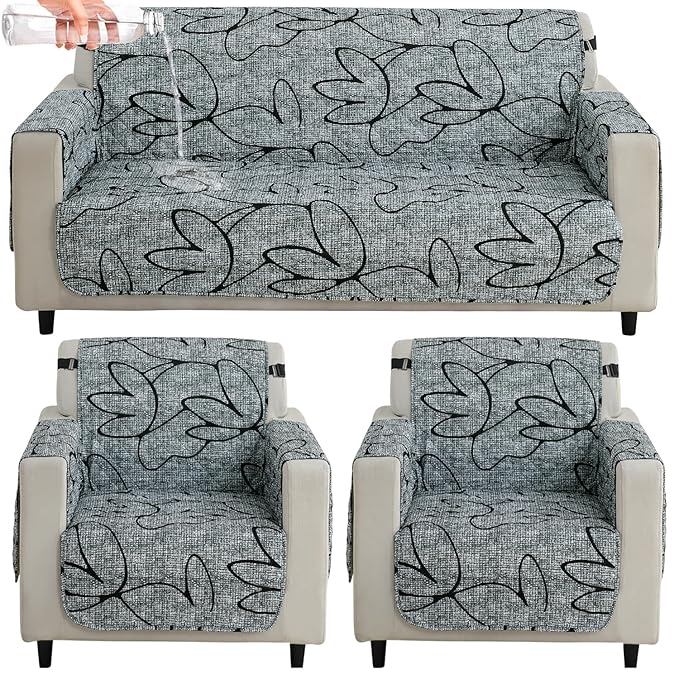 Waterproof & Quick-Dry Quilted Sofa Cover with Pockets on Armrest, Intense Grey Abstract Floral