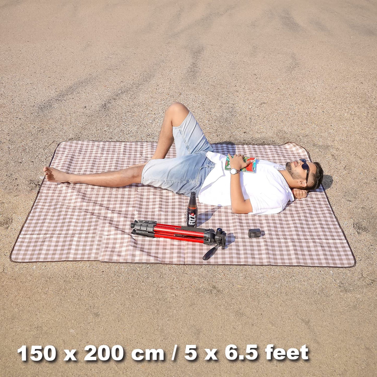 Foldable Waterproof and Sandproof Picnic Mat Blanket, Checks Brown