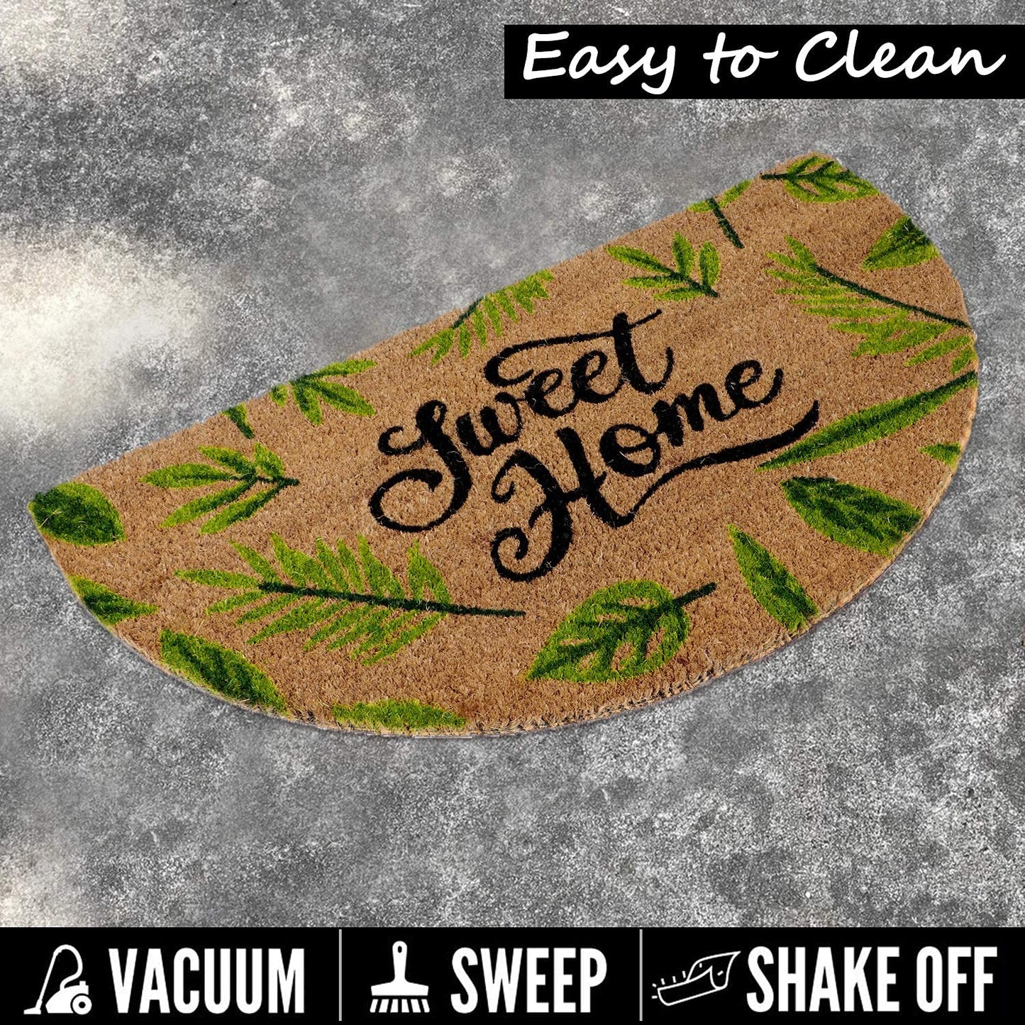 Natural Coconut Coir Mat for Entrance with PVC Backing, Sweet Home (Large 45x75 cm, Green)
