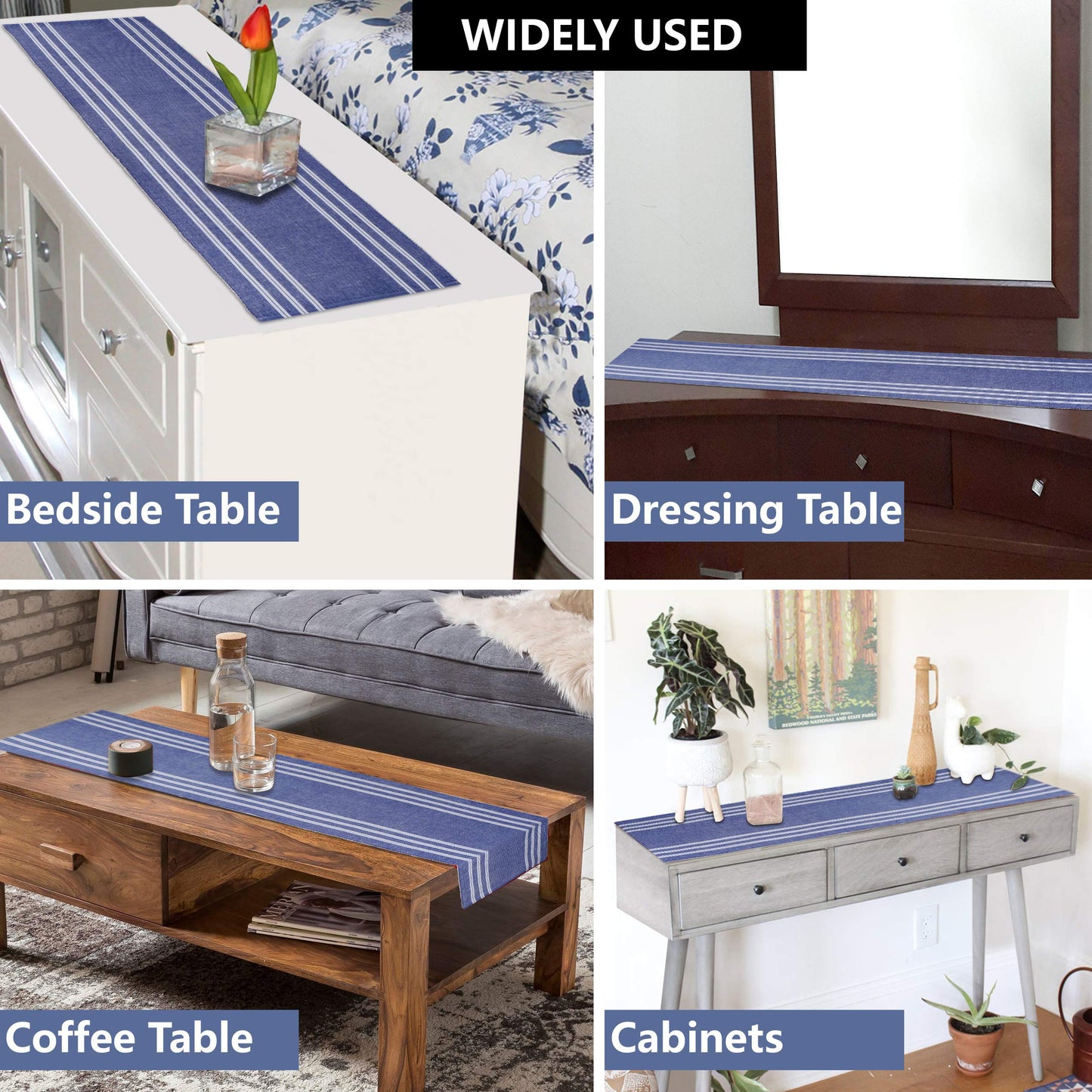Cotton Ribbed Washable Table Runner for Dining Table 4 Seater, 12x54 Inches, Blue