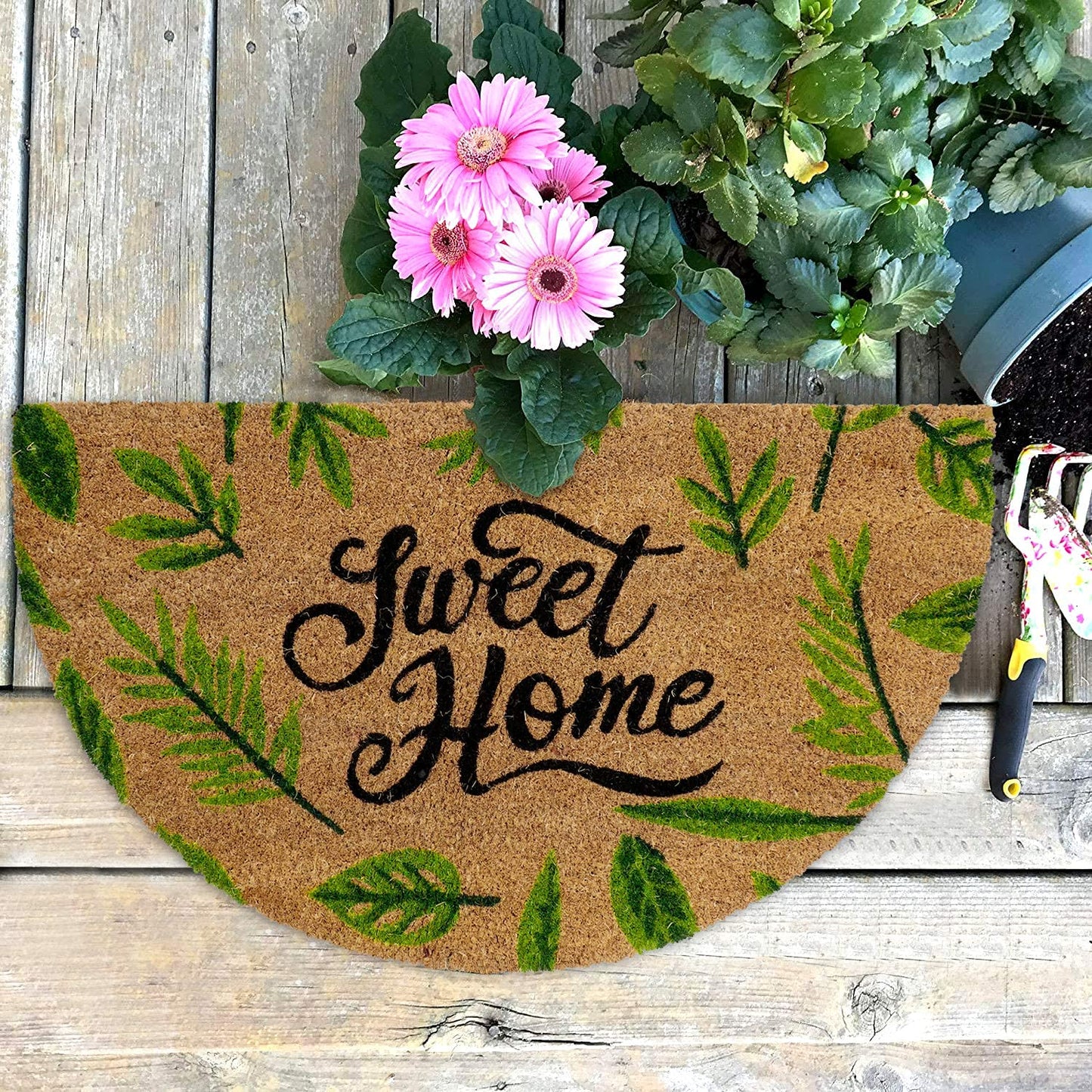 Natural Coconut Coir Mat for Entrance with PVC Backing, Sweet Home (Large 45x75 cm, Green)