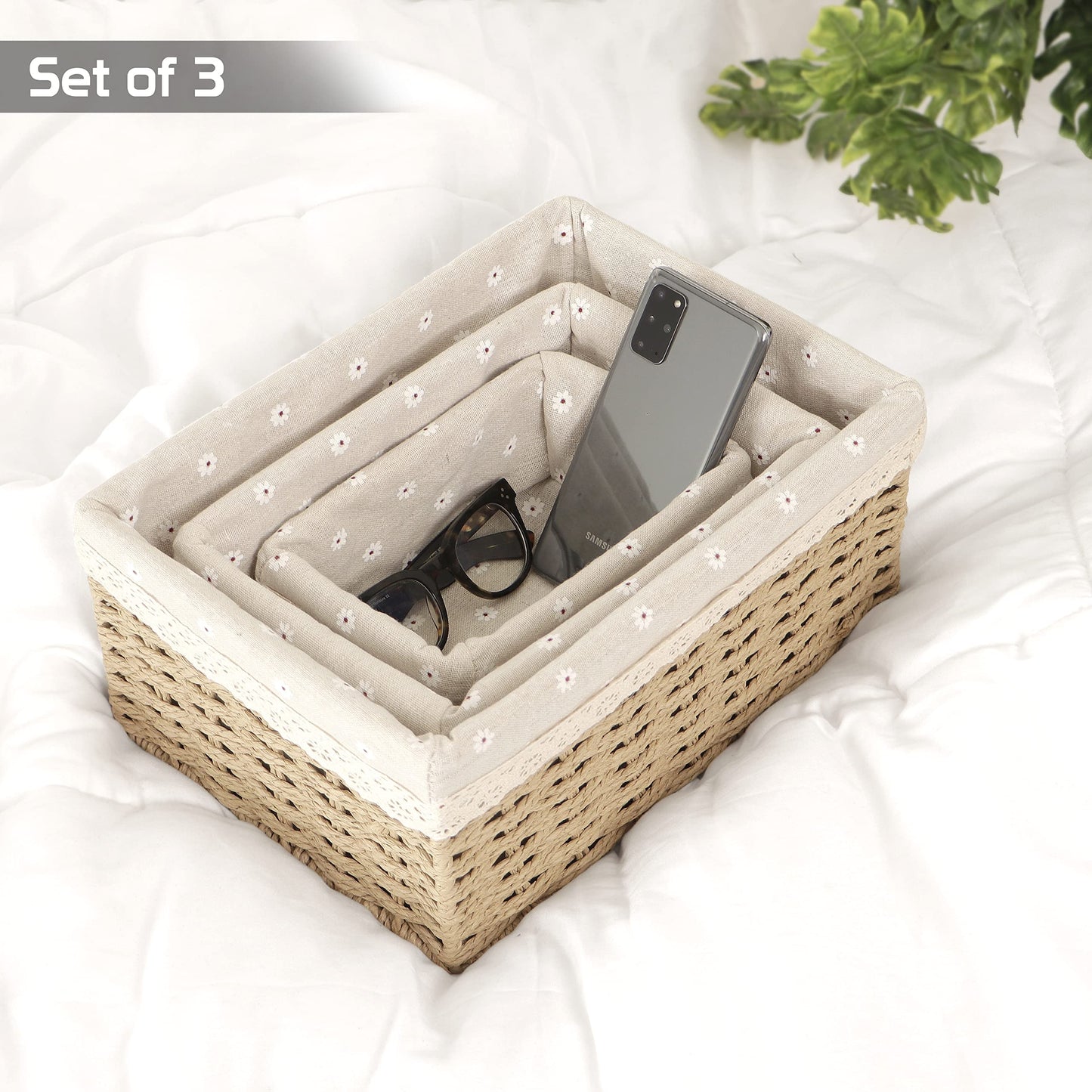 Eco-Friendly Handwoven Paper Weave Wicker Oval Basket For Home, Office, Wardrobe. Pack Of 3, Beige