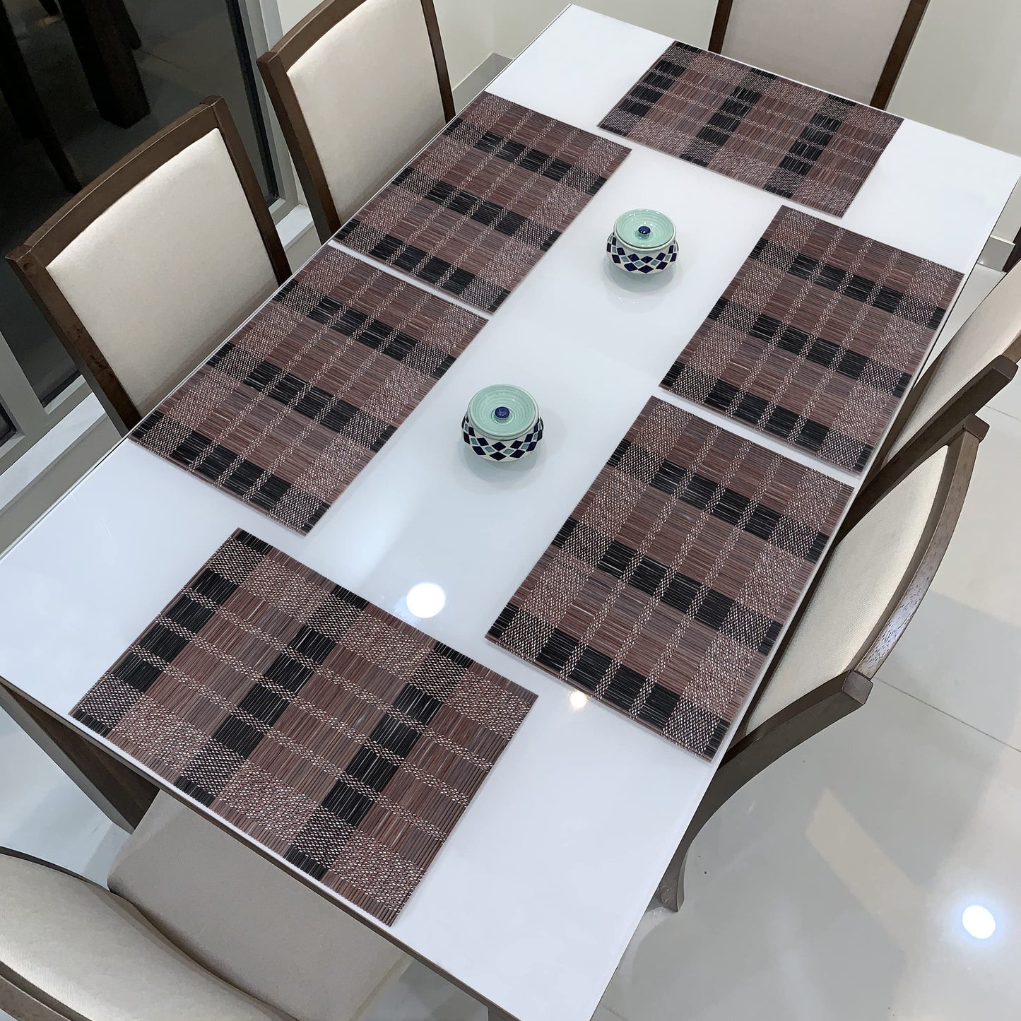 Reversible Bamboo Placemats for Dining Table Set of 6 Table Mats, 45x30 cm, Brown Black
