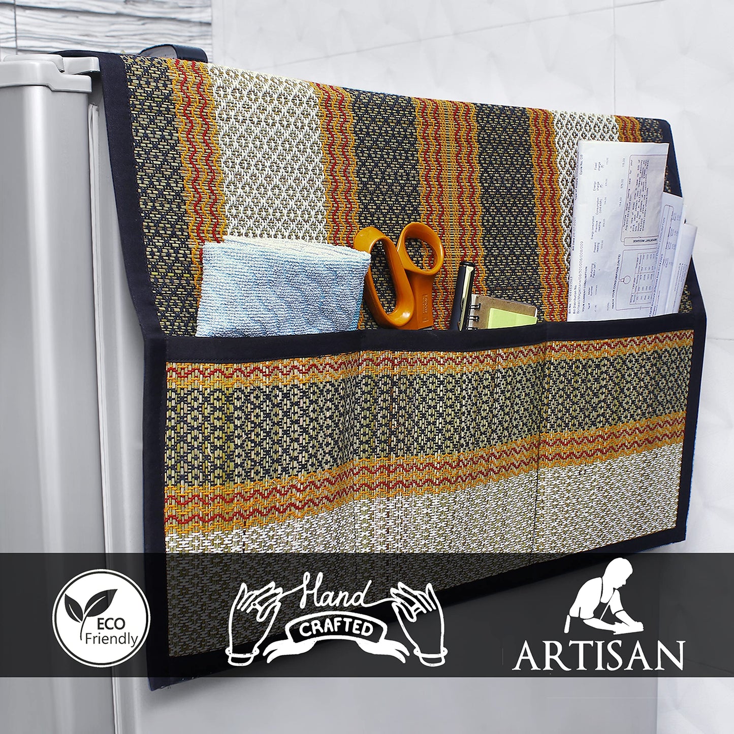 Eco-Friendly Handcrafted Madurkathi Fridge Cover Top with Pockets, Black