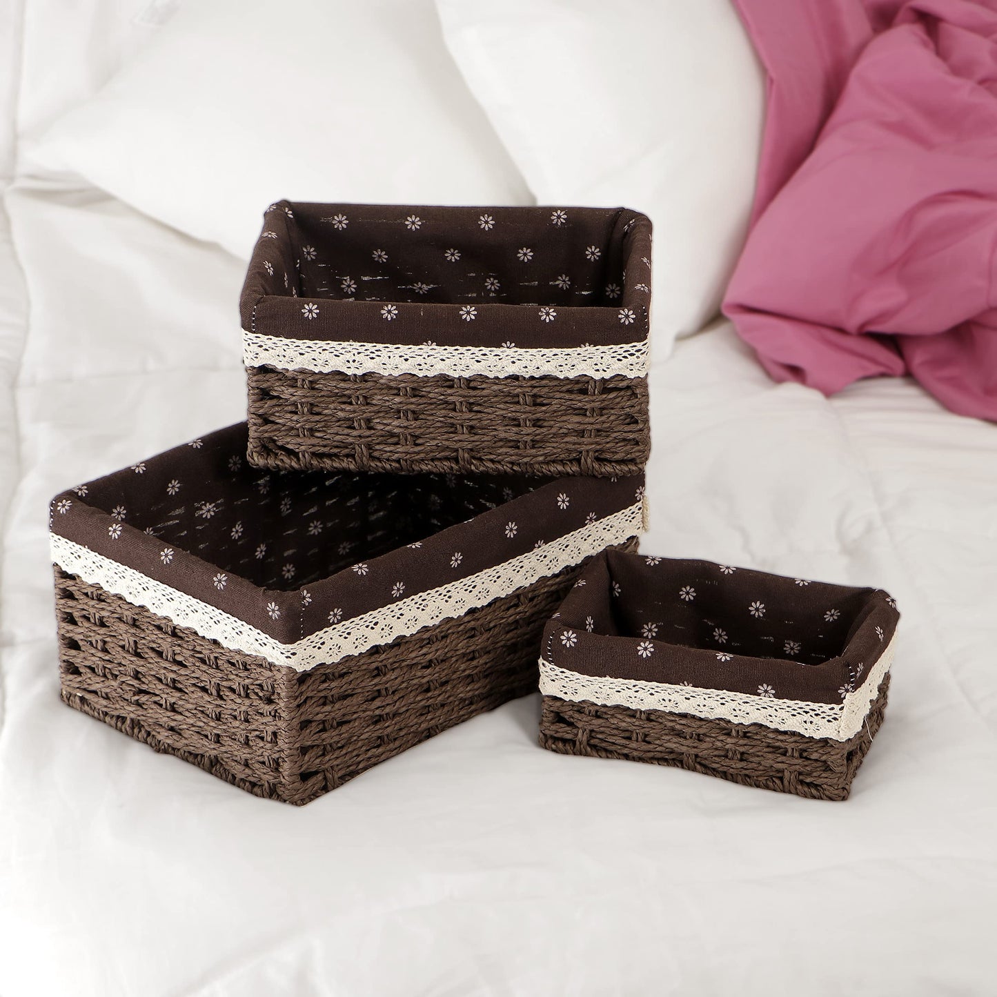Eco-Friendly Handwoven Paper Weave Wicker Oval Basket For Home, Office, Wardrobe. Pack Of 3, Brown
