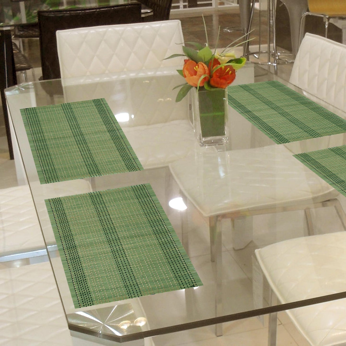 Reversible Bamboo Table Mats For Dining Table, Set Of 6 Placemats, 45X30 Cm, Green