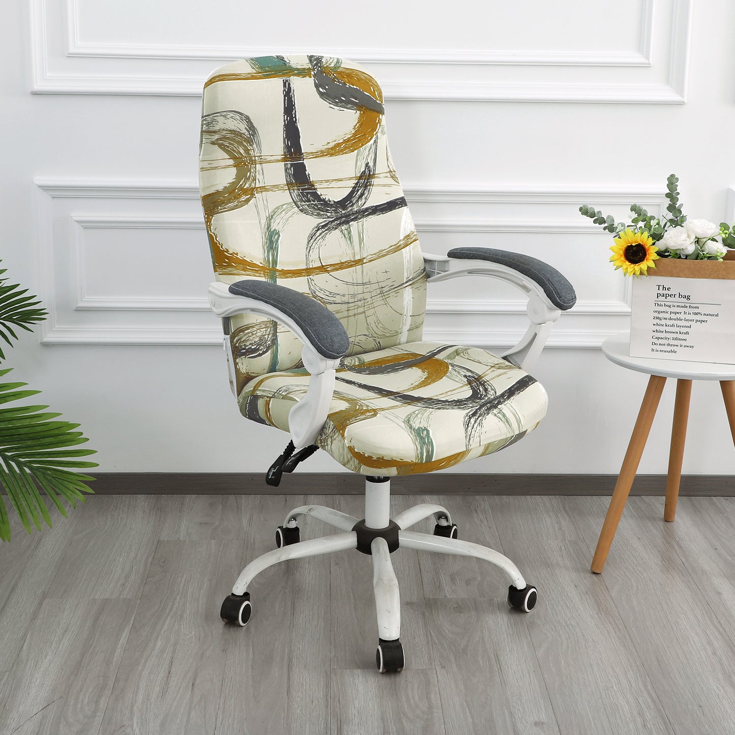 Printed Office Chair Cover for Desk Chair (Mid-Back) – 140 GSM Stretch Fabric – Durable & Anti-Slip – Fits Mid-Back Office Chairs, Parchement Beige Abstract Art - Medium
