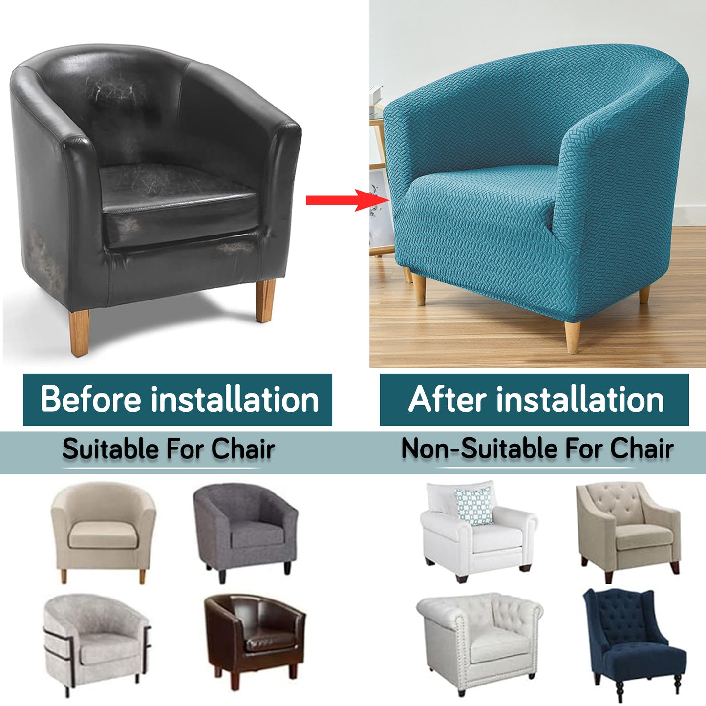 Premium Jacquard Stretchable Tub Chair Cover Slipcover, Turquoise