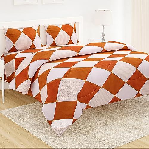 Rhombus Brick Red Bedding Set for Double Bed | HOKIPO