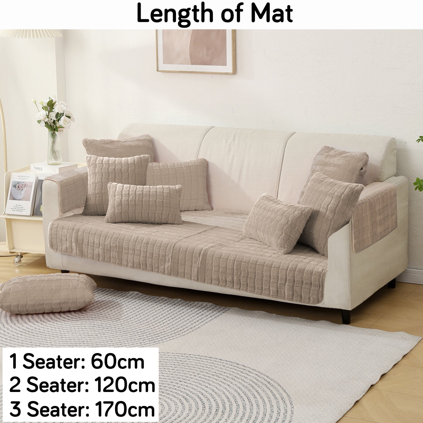 Luxury Plush Anti Slip Sofa Cover Mat with 2 Arm Cover, Beige
