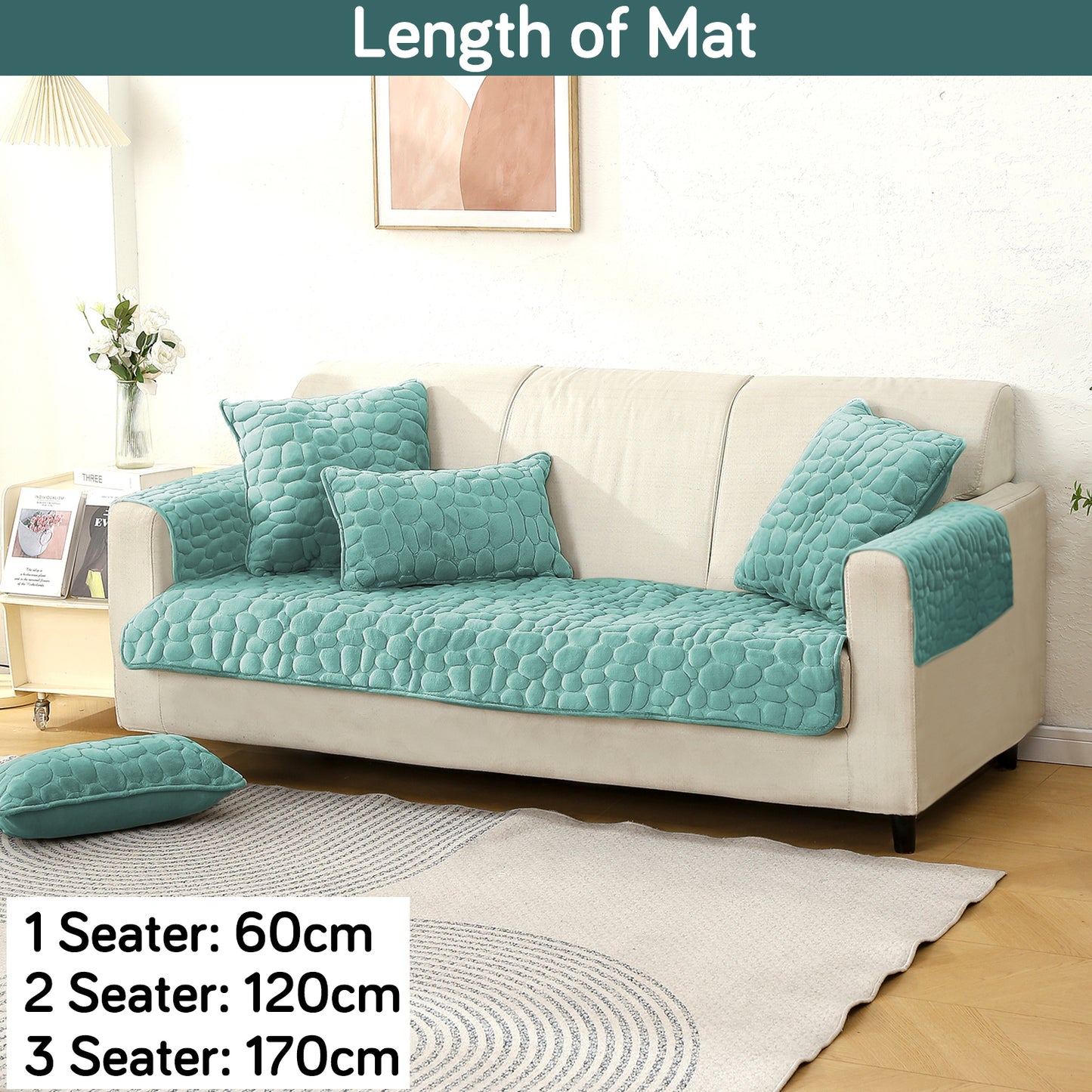 Premium Pebble Milk Velvet Anti Slip Sofa Cover Mat with 2 Armrest Cover, Fog Blue