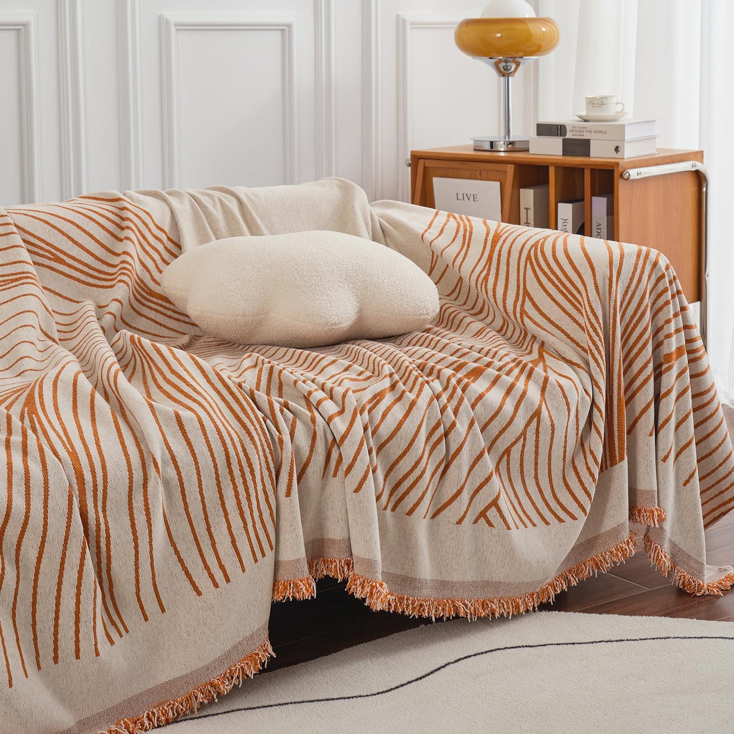 Burnt Copper, Wavy Print Chenille Sofa Throw Cover for 1/2/3 - Seater Sofa - HOKIPO | Har Ghar ka Humsafar