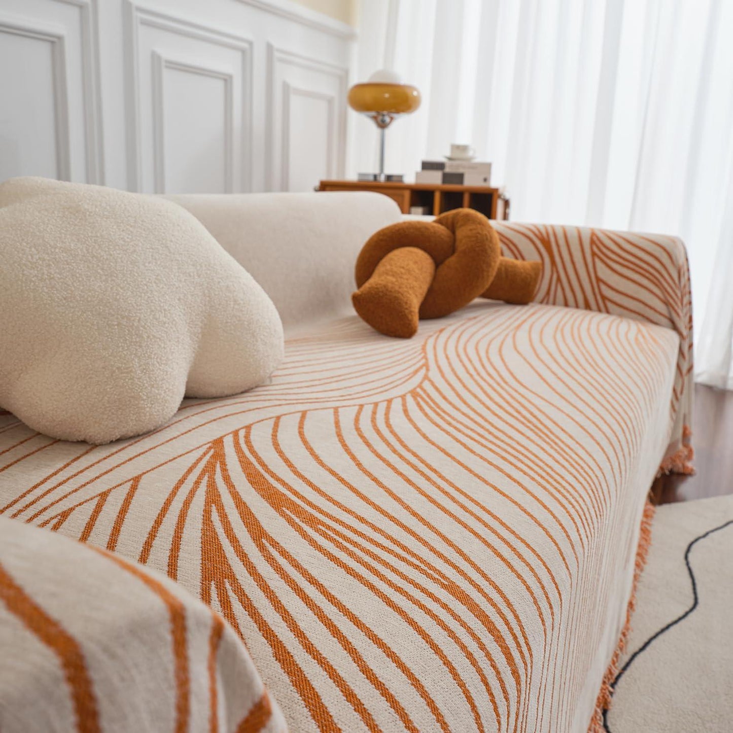 Burnt Copper, Wavy Print Chenille Sofa Throw Cover for 1/2/3 - Seater Sofa - HOKIPO | Har Ghar ka Humsafar