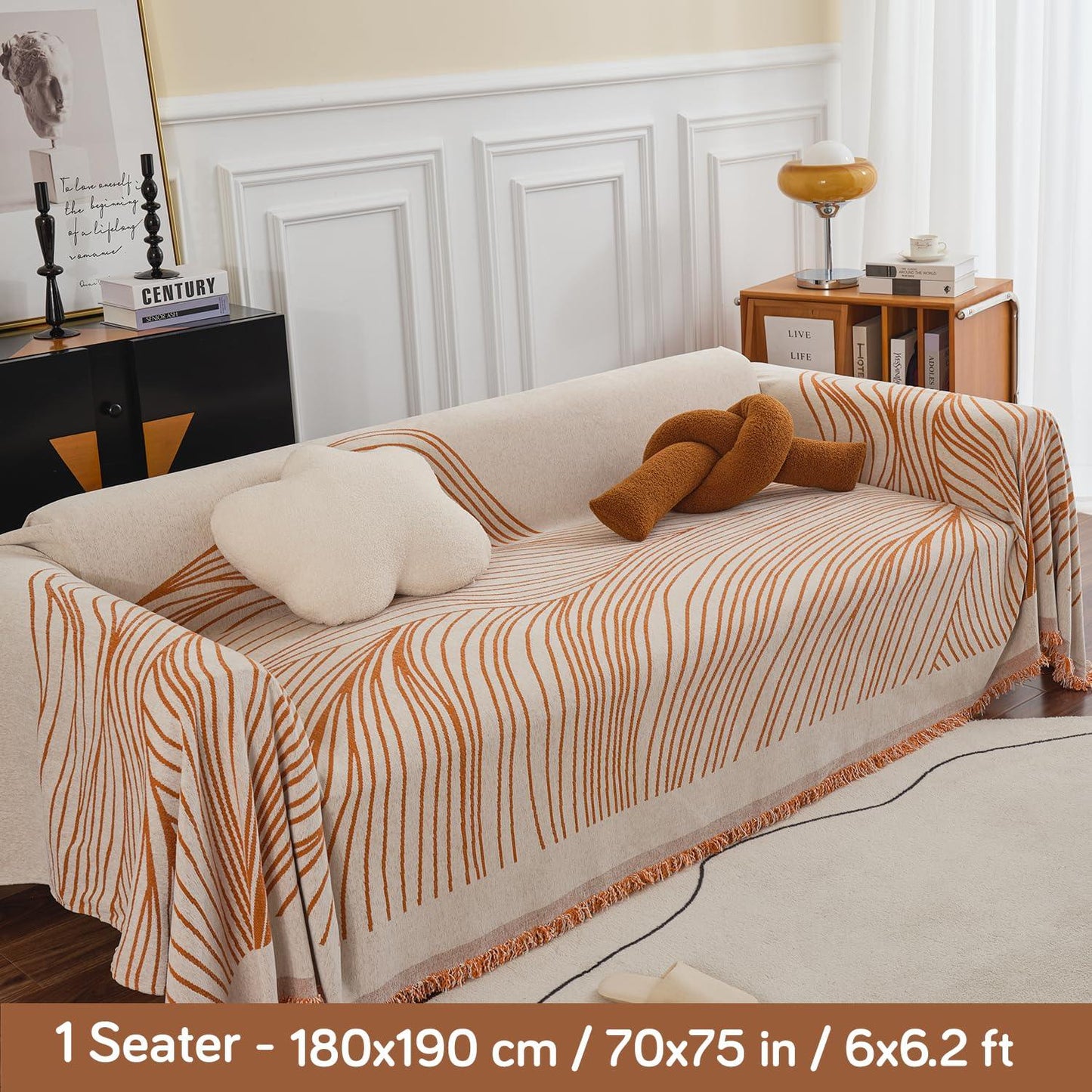 Burnt Copper, Wavy Print Chenille Sofa Throw Cover for 1/2/3 - Seater Sofa - HOKIPO | Har Ghar ka Humsafar