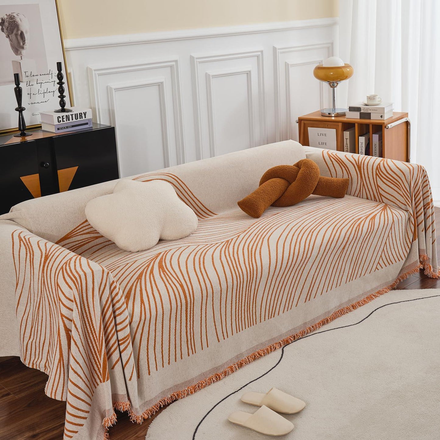 Burnt Copper, Wavy Print Chenille Sofa Throw Cover for 1/2/3 - Seater Sofa - HOKIPO | Har Ghar ka Humsafar