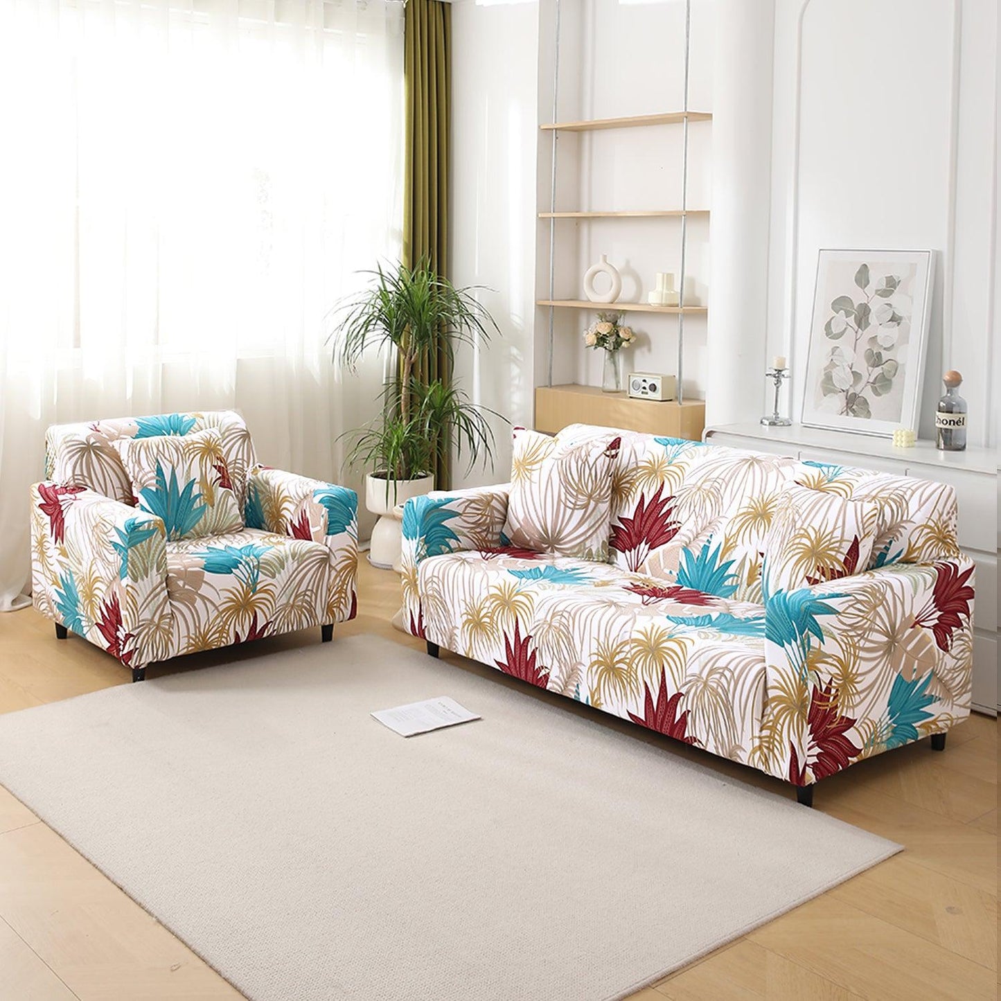 Cane Beige Ferns Printed elastic sofa cover sets for 1,2,3,4,5 & 7 seater sofas