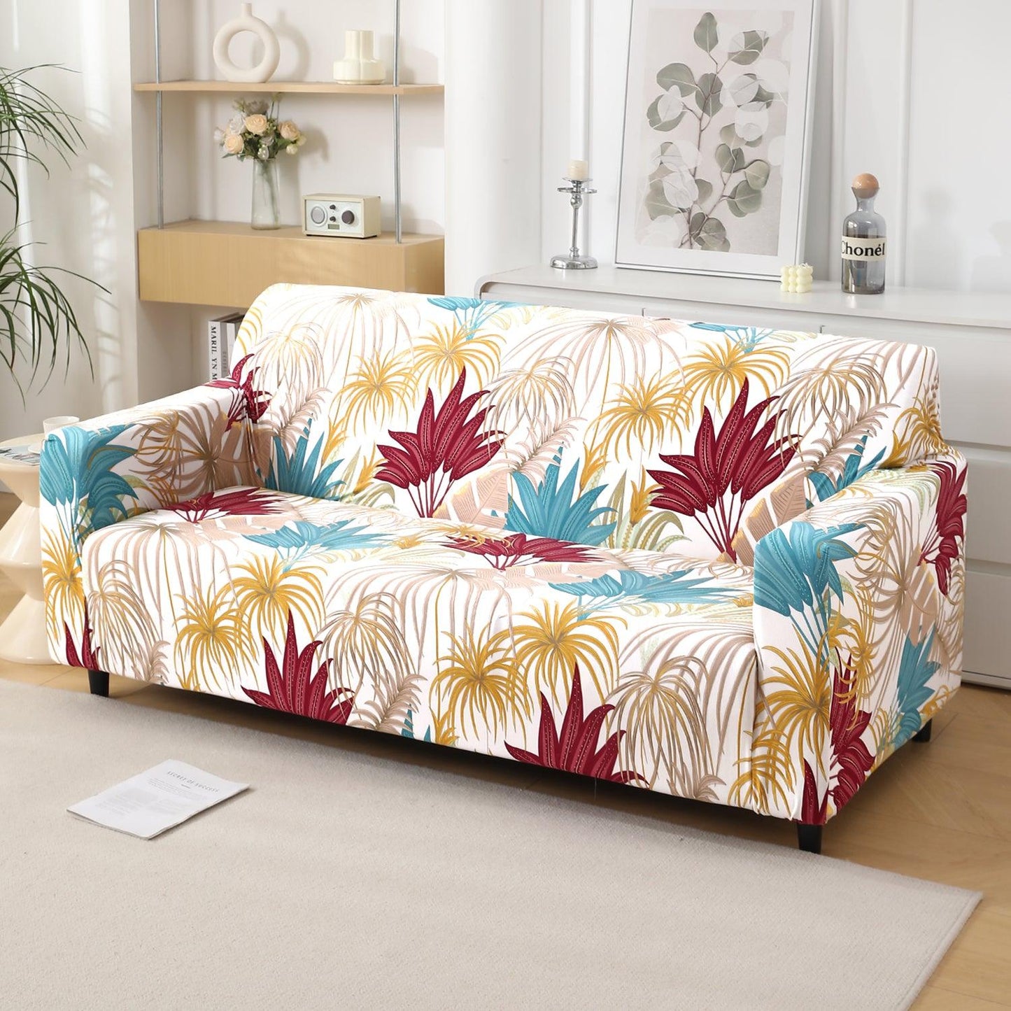 Cane Beige Ferns Printed elastic 3 seater sofa covers