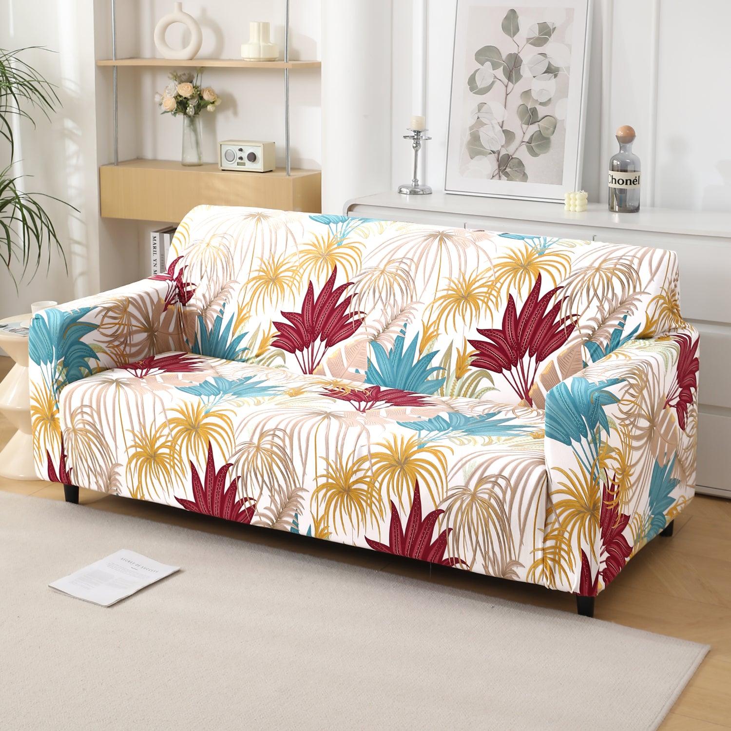 Cane Beige Ferns Printed elastic 3 seater sofa covers