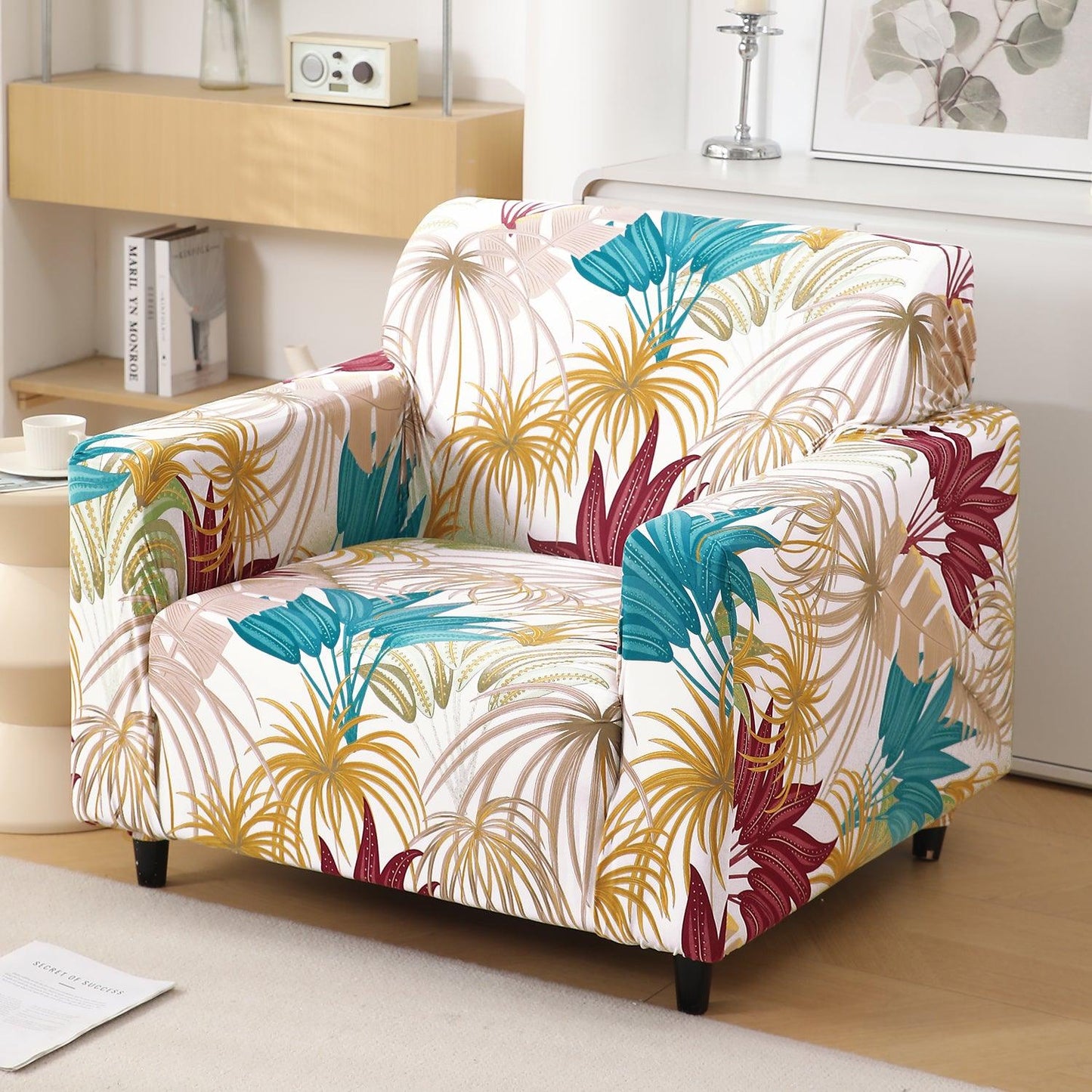 Cane Beige Ferns Printed stretchable single sofa cover