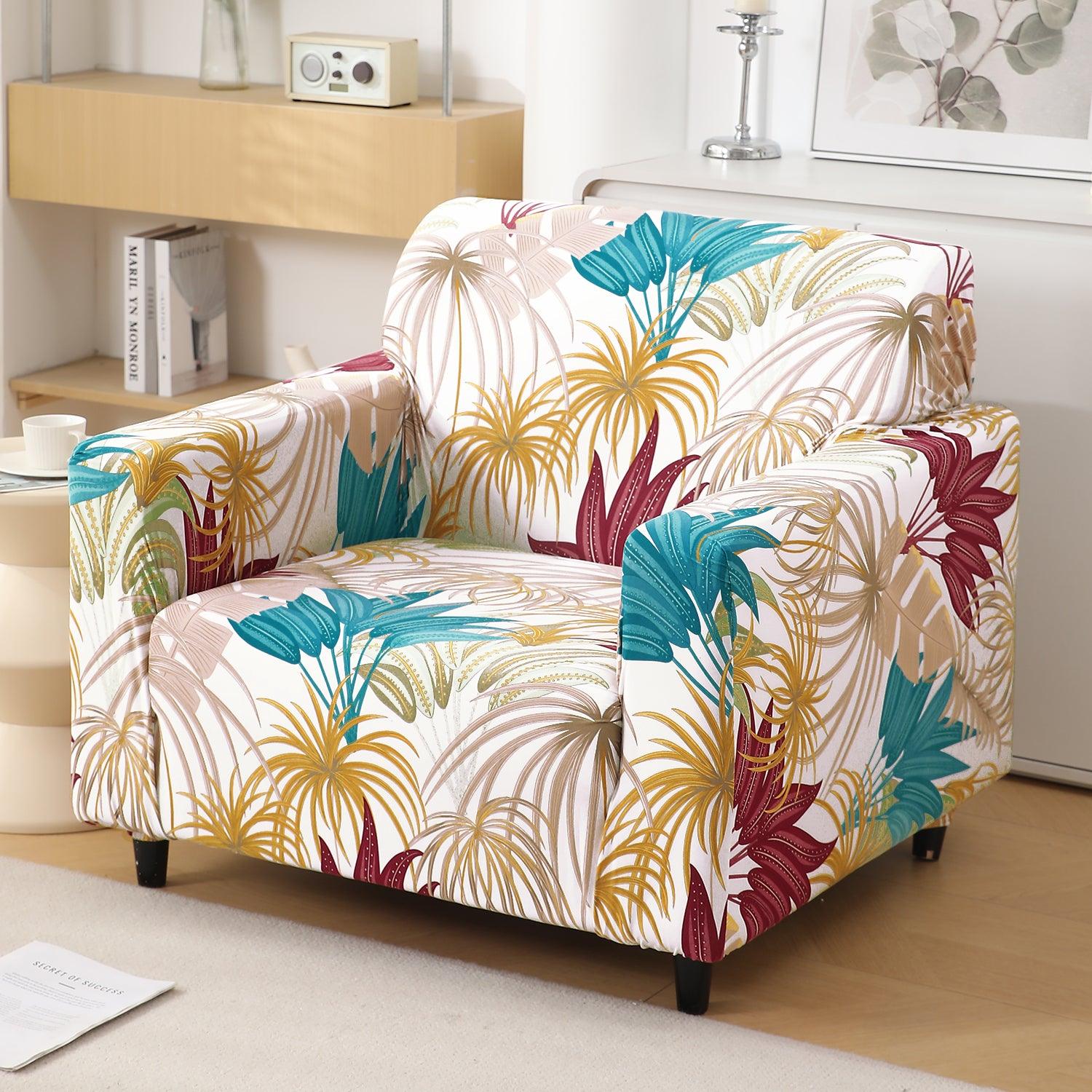 Cane Beige Ferns Printed stretchable single sofa cover