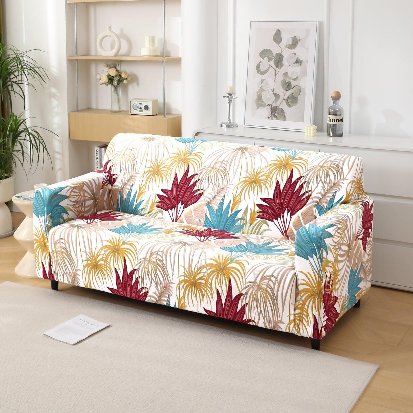 Cane Beige Ferns Printed stretchable two seater sofa cover