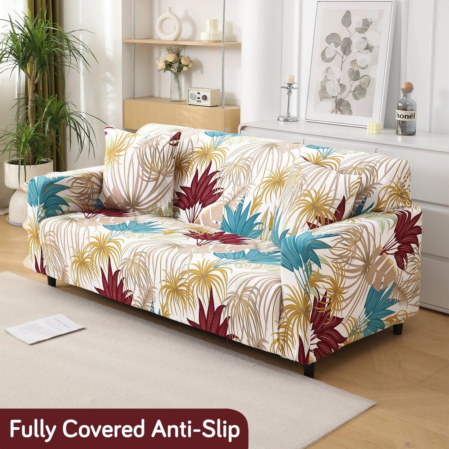 Cane Beige Ferns Printed non slip elastic 2 seater sofa cover