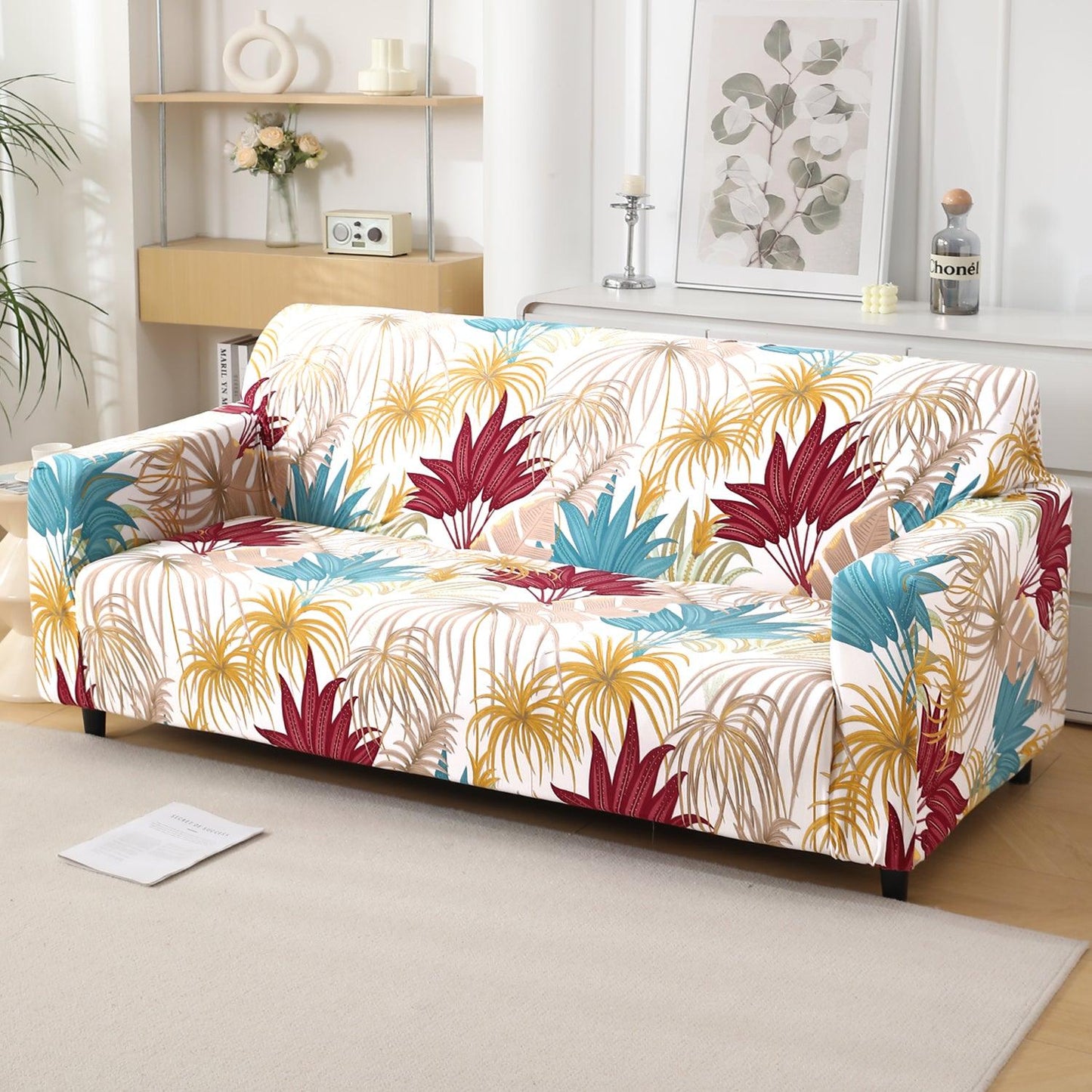 Cane Beige Ferns Printed non slip elastic 3 seater sofa cover