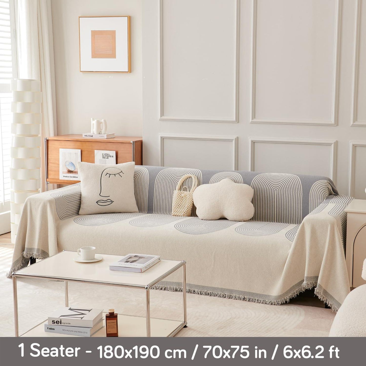 Cloudy Grey, Abstract Line Print Chenille Sofa Throw | Anti - Slip - HOKIPO | Har Ghar ka Humsafar