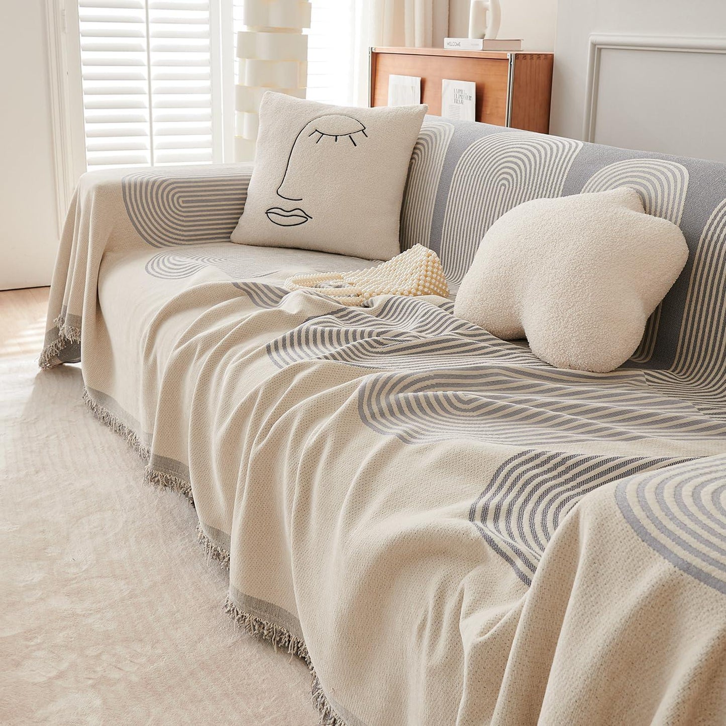 Cloudy Grey, Abstract Line Print Chenille Sofa Throw | Anti - Slip - HOKIPO | Har Ghar ka Humsafar