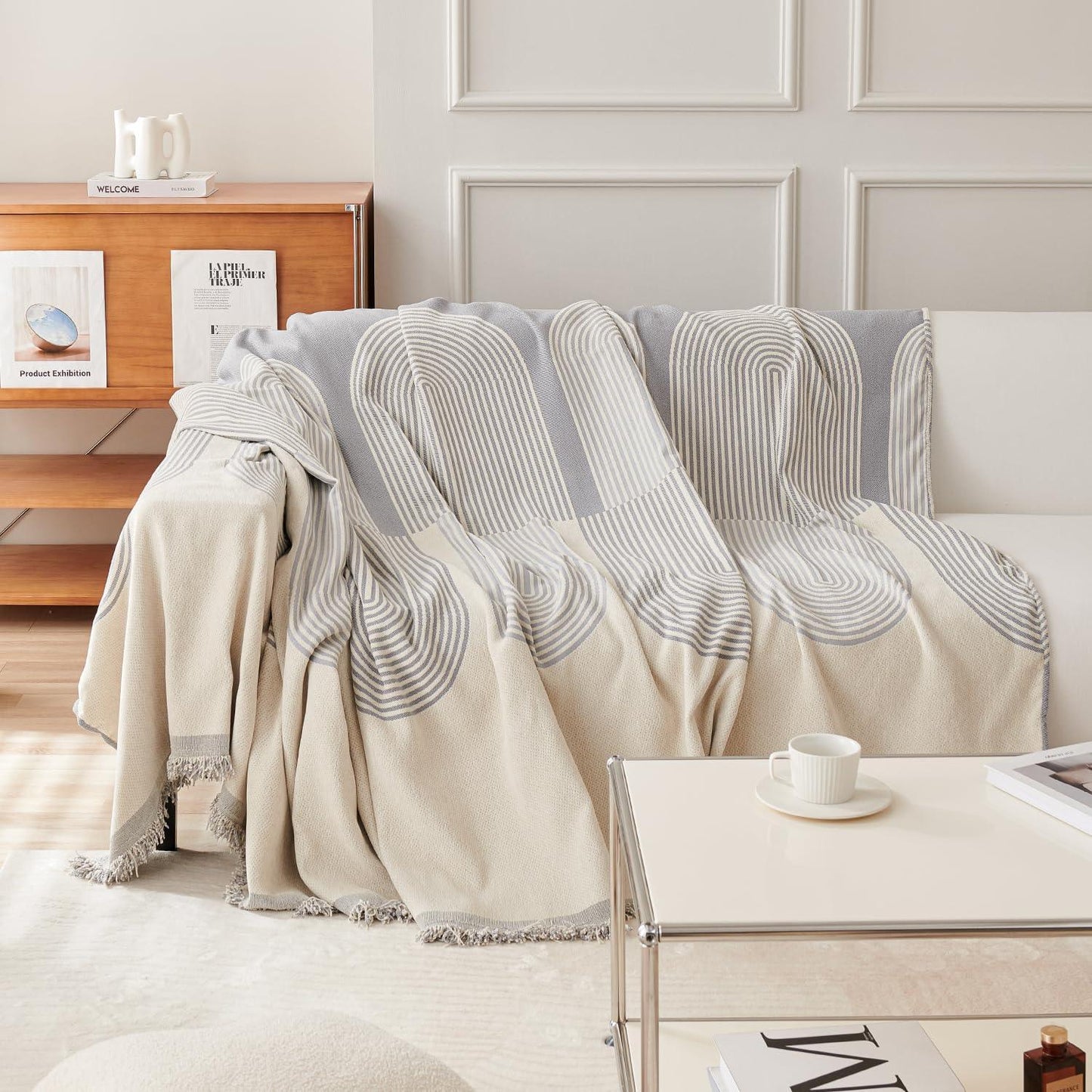 Cloudy Grey, Abstract Line Print Chenille Sofa Throw | Anti - Slip - HOKIPO | Har Ghar ka Humsafar